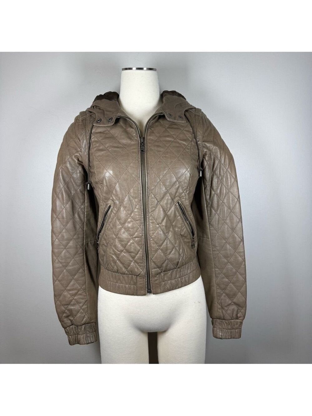 Danier Taupe Quilted Bomber Hooded Jacket Removable Sleeves Fit XS-Small